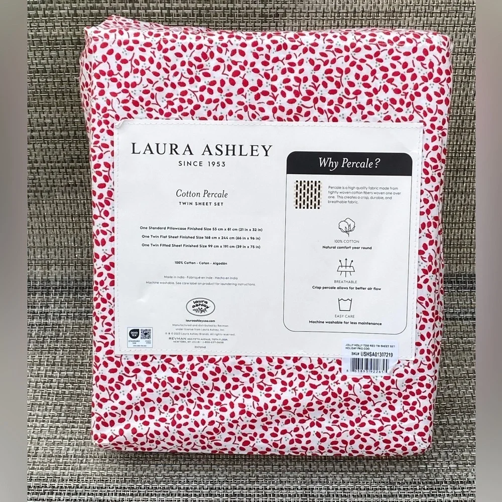 Laura Ashley Jolly Holly Holiday Red Floral TC200 Cotton TWIN Sheet Set 3pc